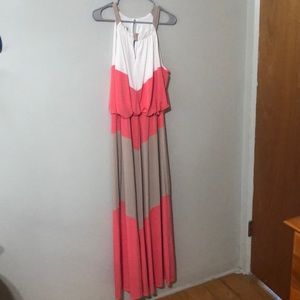 Fun maxi dress in coral, tan and white.